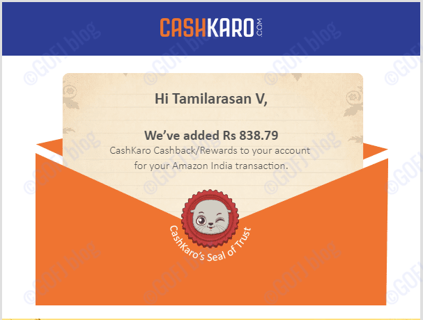 Cashkaro cashback confirmation email