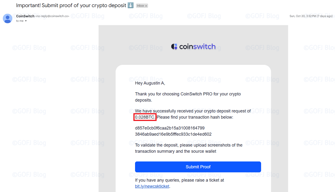 Coinswitch deposit confirmation email