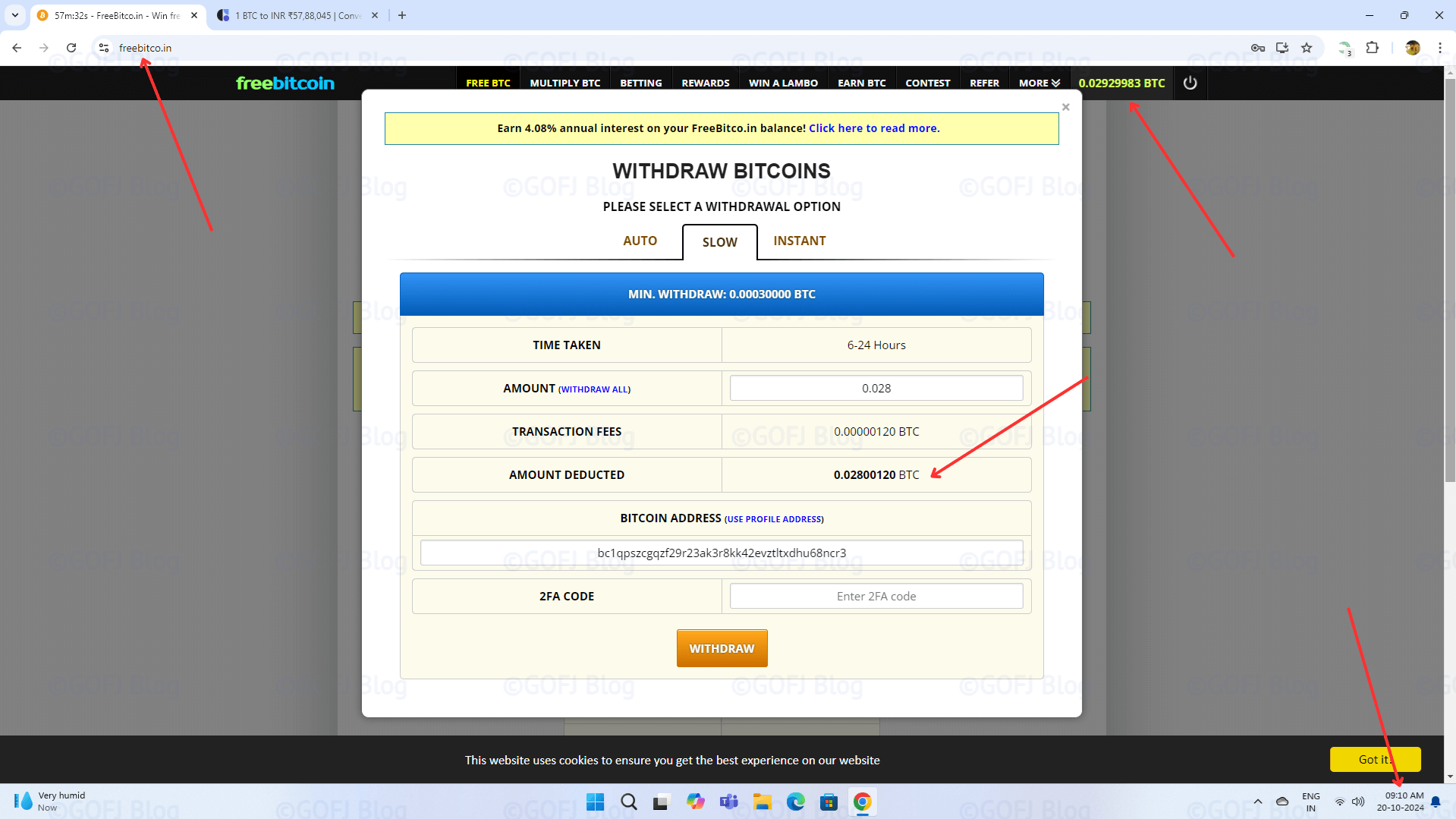 Freebitco.in withdrawal screen before depositing to Coinswitch Pro