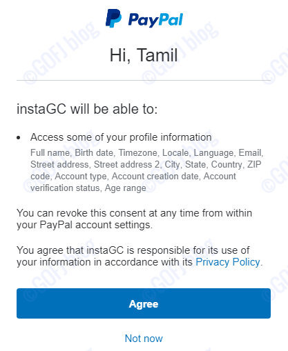 InstaGC Linking verified PayPal verification